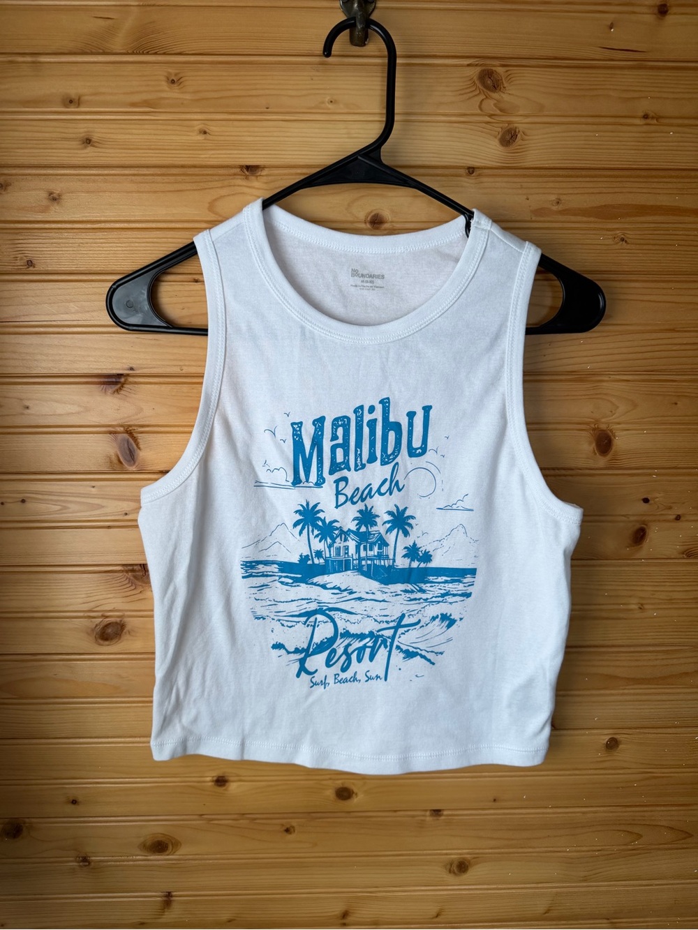 No Boundaries White Tank Top with Blue Malibu Beach Graphic